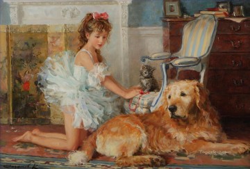Girl and Dog Kitten 008 pet kids Oil Paintings